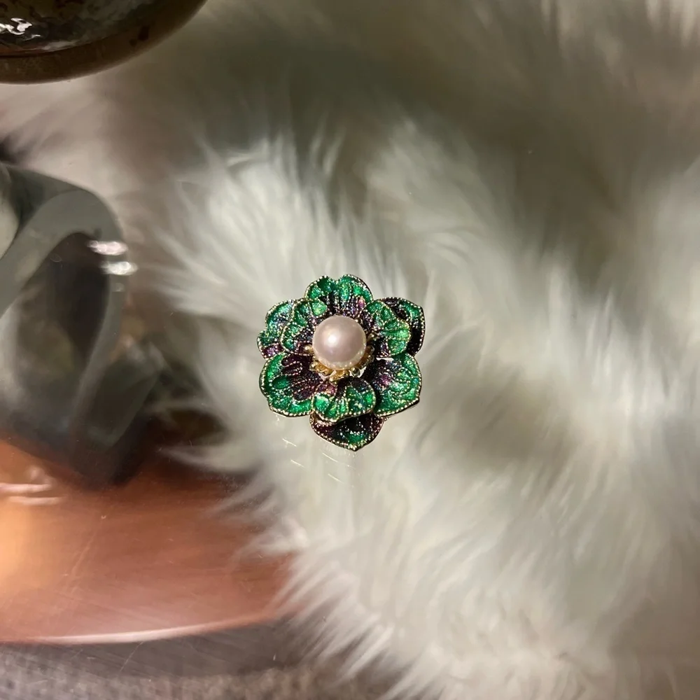 Purple, Green, Gold Brooch with Pearl in Center
